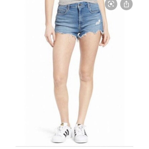Blank NYC Womens 25 Medium‎ Wash Mid Rise Distressed Frayed Wedge Jean Shorts - Picture 1 of 6